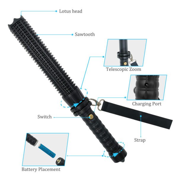 Baseball LED Flashlight Zoom Rechargeable Torch Spotlight Emergency Security Work Light 3 Lighting Modes