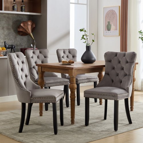 Modern Set Of 4 Upholstered Velvet Dining Chairs, Button Tufted Kitchen Lounge Chairs With Solid Wood Legs, Riveted Trim And Knocker Ring, For Dining Room Living Room,