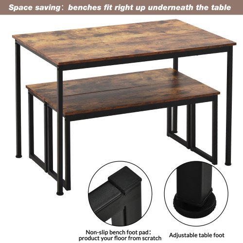 3-Piece Dining Table And Bench Set 4-Person Space-Saving Dinette For Kitchen Patio Outdoor