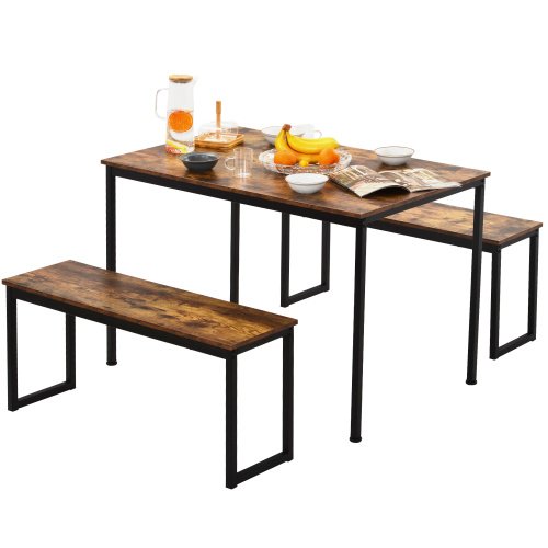 3-Piece Dining Table And Bench Set 4-Person Space-Saving Dinette For Kitchen Patio Outdoor