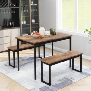 3-Piece Dining Table And Bench Set 4-Person Space-Saving Dinette For Kitchen Patio Outdoor