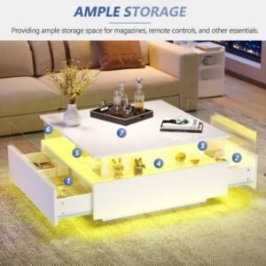 Coffee Table With Storage For Living Room, Modern LED Coffee Table, Square Tea Table With 2 Sliding Drawers Wood Center Table Acrylic Glass Coffee Table