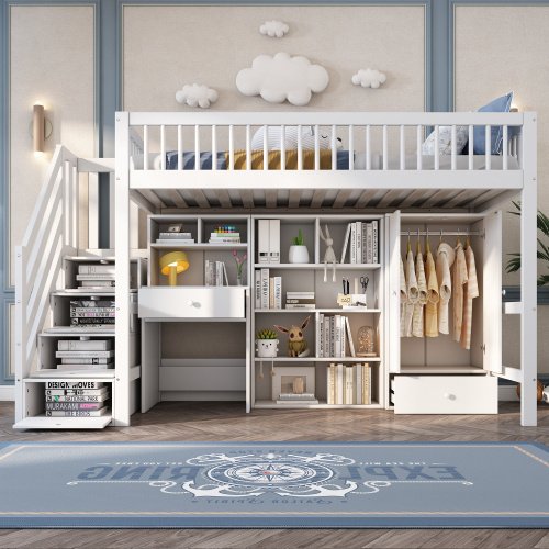 Kids Study Bed With Desk & Stairs - Children's Multifunctional Single Bed Frame UK 90x190cm, Solid Wood & MDF Construction, Built-in Wardrobe & Lockers, White Storage Bed No Mattress Included