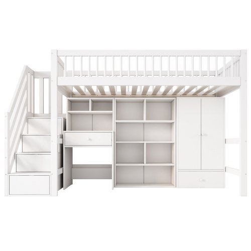 Kids Study Bed With Desk & Stairs - Children's Multifunctional Single Bed Frame UK 90x190cm, Solid Wood & MDF Construction, Built-in Wardrobe & Lockers, White Storage Bed No Mattress Included