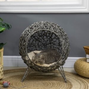 00f82240-5f74-4fb1-a8fe-1cc33da7ab4b.jpg UK ONLY - PawHut Rattan Elevated Cat Bed House Kitten Basket Ball Shaped Pet Furniture W Removable Cushion - Silver-Tone And Grey