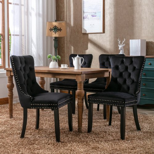 03b9f1d2-fc66-4923-801b-374f3bd27dd7.jpg UK ONLY - Modern Set Of 4 Upholstered Velvet Dining Chairs, Button Tufted Kitchen Lounge Chairs With Solid Wood Legs, Riveted Trim And Knocker Ring, For Dining Room Living Room,
