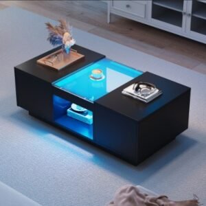 UK ONLY - LED Coffee Table For Living Room, Modern Coffee Table With Storage With LED Lights, 2 Tiers And 2 Drawers, Large Living Room Center Tables Black