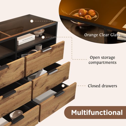 UK ONLY - Sideboard Cabinet Dresser With 6 Drawers And 2 Open Shelves ,Amber Glass Chest Of Drawers, Anti-tip,Dressing Table For Living Room, Bedroom, And Children's Room, 120 X 40 X 80 Cm, Oak