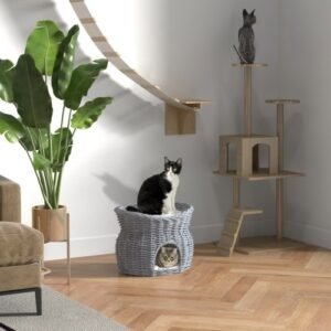 1a97ca5f-ed1f-465c-a431-3145c7850e41.jpg UK ONLY - PawHut 2-Tier Wicker Cat House Elevated Pet Bed Basket Willow Kitten Tower Pet Den. With Washable Cushions 56x37x40cm Grey