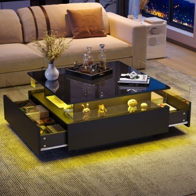 UK ONLY - Coffee Table With Storage For Living Room, Modern LED Coffee Table, Square Tea Table With 2 Sliding Drawers Wood Center Table Acrylic Glass Coffee Table