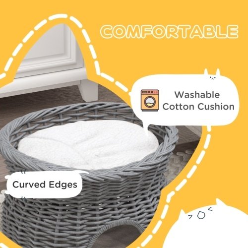 1e826ccb-a90d-4992-b5c0-8fa1548bc8b6.jpg UK ONLY - PawHut 2-Tier Wicker Cat House Elevated Pet Bed Basket Willow Kitten Tower Pet Den. With Washable Cushions 56x37x40cm Grey