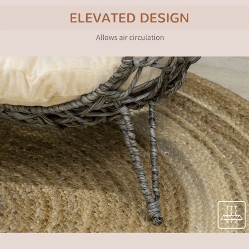 23667775-710a-4ba2-afb3-51377f589b80.jpg UK ONLY - PawHut Rattan Elevated Cat Bed House Kitten Basket Ball Shaped Pet Furniture W Removable Cushion - Silver-Tone And Grey