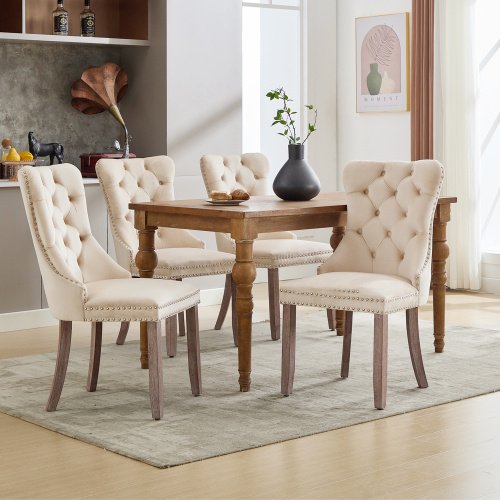 2cfa8ae5-6f3e-4632-8bf5-68abacd5d877.jpg UK ONLY - Modern Set Of 4 Upholstered Velvet Dining Chairs, Button Tufted Kitchen Lounge Chairs With Solid Wood Legs, Riveted Trim And Knocker Ring, For Dining Room Living Room,