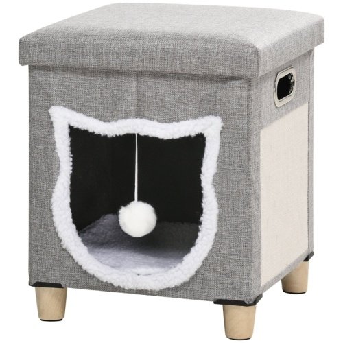 2d60cac4-c42b-4925-b05d-2d9621aa5636.jpg UK ONLY - PawHut Cat House Cave, Cat Bed Cube With Scratching Pad, Soft Detachable & Washable Cushion, Toy Ball, For Indoor Kittens, Grey