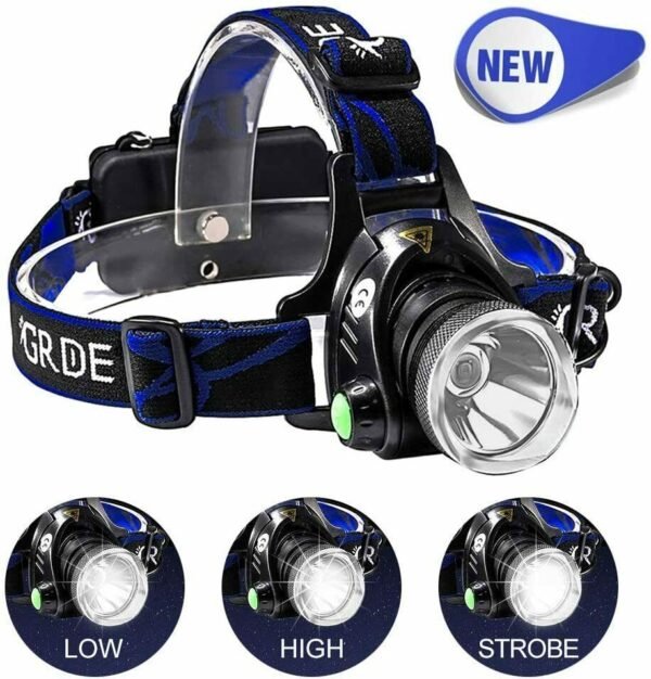 UK ONLY - LED Headlamp Rechargeable Head Torch Zoom Headlight Super Bright Flashlight 3 Modes Work Light With 2 Li-ion Batteries 2 Charger