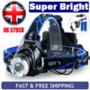 UK ONLY - LED Headlamp Rechargeable Head Torch Zoom Headlight Super Bright Flashlight 3 Modes Work Light With 2 Li-ion Batteries 2 Charger