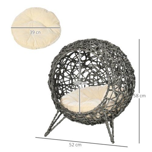 3ed48ba6-a4fb-48c6-b09d-7a74be907587.jpg UK ONLY - PawHut Rattan Elevated Cat Bed House Kitten Basket Ball Shaped Pet Furniture W Removable Cushion - Silver-Tone And Grey