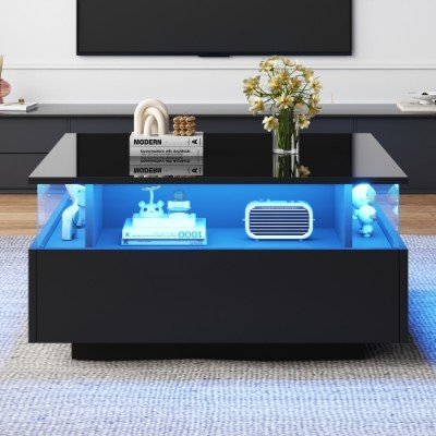 UK ONLY - Coffee Table With Storage For Living Room, Modern LED Coffee Table, Square Tea Table With 2 Sliding Drawers Wood Center Table Acrylic Glass Coffee Table