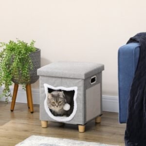 41bb5752-b67a-42b2-bc90-1f665beb8ba7.jpg UK ONLY - PawHut Cat House Cave, Cat Bed Cube With Scratching Pad, Soft Detachable & Washable Cushion, Toy Ball, For Indoor Kittens, Grey