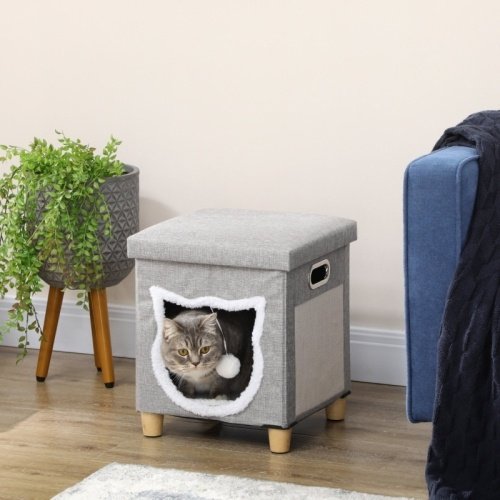 41bb5752-b67a-42b2-bc90-1f665beb8ba7.jpg UK ONLY - PawHut Cat House Cave, Cat Bed Cube With Scratching Pad, Soft Detachable & Washable Cushion, Toy Ball, For Indoor Kittens, Grey