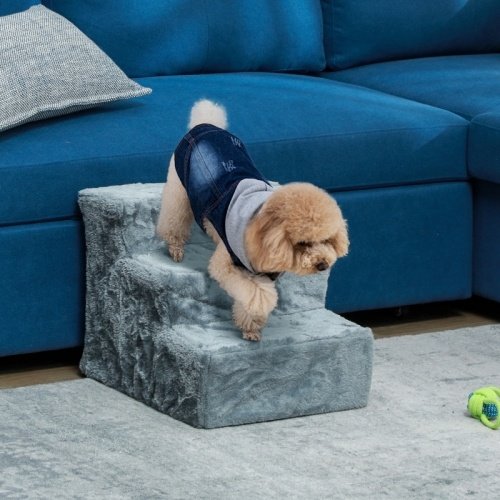 48620dd5-236d-4037-a5c2-4d0858f34ced.jpg UK ONLY - PawHut Three-Step Dog Stairs, With Washable Plush Cover, For High Bed Sofa, Dog Stairs For Small Dog And Cat - Light Grey