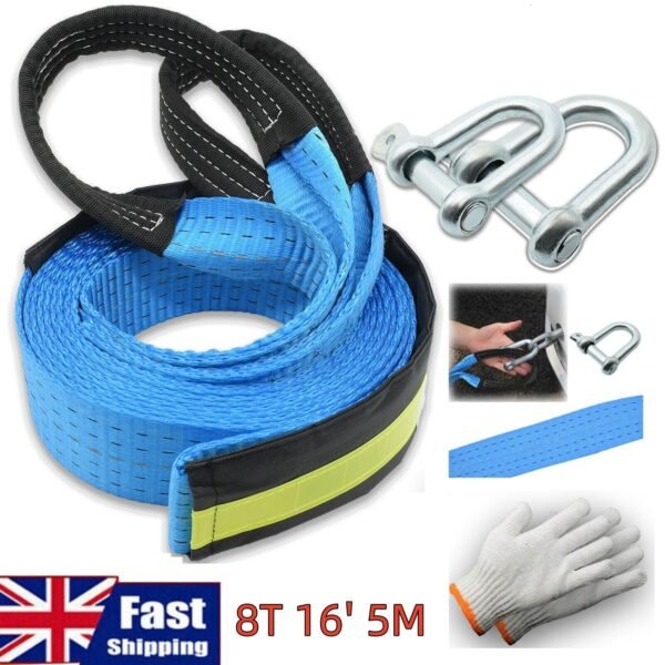 UK ONLY - 8T 16' 5M Tow Rope Heavy Duty Towing Pull Strap Road Recovery Two Shackles Chain