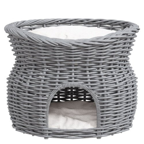 52201fcc-10b7-4e50-b2e8-bb656fd33780.jpg UK ONLY - PawHut 2-Tier Wicker Cat House Elevated Pet Bed Basket Willow Kitten Tower Pet Den. With Washable Cushions 56x37x40cm Grey