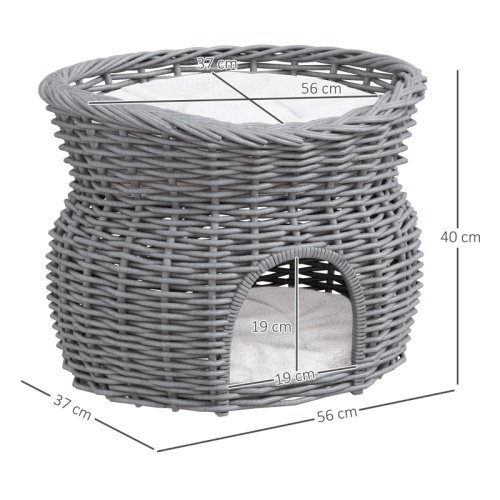 55f10162-ae70-4cfb-8cdd-23d30c862179.jpg UK ONLY - PawHut 2-Tier Wicker Cat House Elevated Pet Bed Basket Willow Kitten Tower Pet Den. With Washable Cushions 56x37x40cm Grey