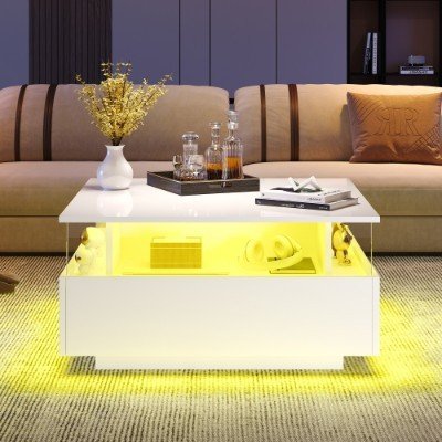 UK ONLY - Coffee Table With Storage For Living Room, Modern LED Coffee Table, Square Tea Table With 2 Sliding Drawers Wood Center Table Acrylic Glass Coffee Table