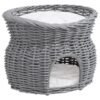 60c8abf9-ba11-4f90-b325-50edc8ce71e7.jpg UK ONLY - PawHut 2-Tier Wicker Cat House Elevated Pet Bed Basket Willow Kitten Tower Pet Den. With Washable Cushions 56x37x40cm Grey