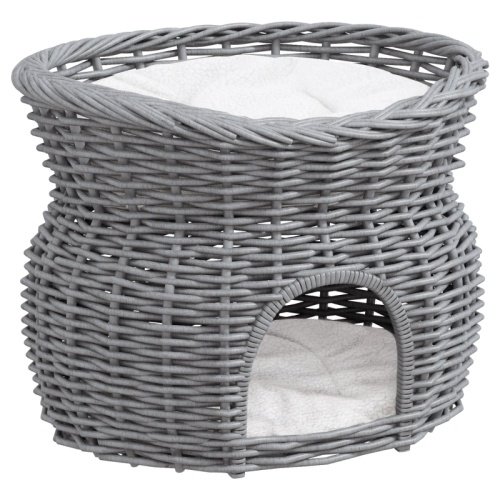 60c8abf9-ba11-4f90-b325-50edc8ce71e7.jpg UK ONLY - PawHut 2-Tier Wicker Cat House Elevated Pet Bed Basket Willow Kitten Tower Pet Den. With Washable Cushions 56x37x40cm Grey