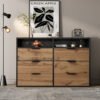 UK ONLY - Sideboard Cabinet Dresser With 6 Drawers And 2 Open Shelves ,Amber Glass Chest Of Drawers, Anti-tip,Dressing Table For Living Room, Bedroom, And Children's Room, 120 X 40 X 80 Cm, Oak