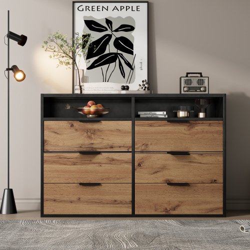 UK ONLY - Sideboard Cabinet Dresser With 6 Drawers And 2 Open Shelves ,Amber Glass Chest Of Drawers, Anti-tip,Dressing Table For Living Room, Bedroom, And Children's Room, 120 X 40 X 80 Cm, Oak