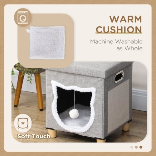 6abebdbe-3452-489e-8968-2af143f5f37d.jpg UK ONLY - PawHut Cat House Cave, Cat Bed Cube With Scratching Pad, Soft Detachable & Washable Cushion, Toy Ball, For Indoor Kittens, Grey