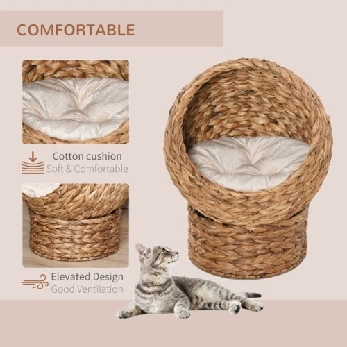 6ebfa2c5-9b1a-4f8e-b623-dbb9ec970627.jpg UK ONLY - PawHut Wicker Cat Bed, Raised Rattan Cat Basket With Cylindrical Base, Soft Washable Cushion, 50 X 42 X 60 Cm - Brown