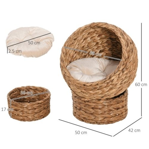 73ee17c1-9614-420f-82a5-7238136d5afe.jpg UK ONLY - PawHut Wicker Cat Bed, Raised Rattan Cat Basket With Cylindrical Base, Soft Washable Cushion, 50 X 42 X 60 Cm - Brown
