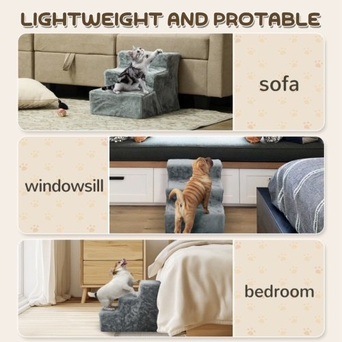 74e33912-f85c-4103-ac3d-a77883dd2b39.jpg UK ONLY - PawHut Three-Step Dog Stairs, With Washable Plush Cover, For High Bed Sofa, Dog Stairs For Small Dog And Cat - Light Grey