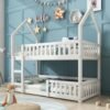 UK ONLY - Bunk Bed, Twin Sleeper Bed With Ladder, Solid Wood Frame 3FT Single Bed, Gaming Bed, Castle-shaped Bed 90 X 190 Cm Children's Bed Room Furniture, Wooden Bed Frame For Kids Children White