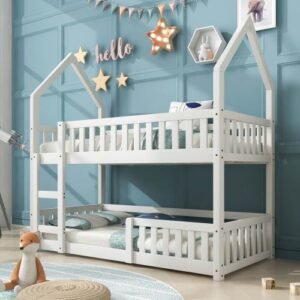 UK ONLY - Bunk Bed, Twin Sleeper Bed With Ladder, Solid Wood Frame 3FT Single Bed, Gaming Bed, Castle-shaped Bed 90 X 190 Cm Children's Bed Room Furniture, Wooden Bed Frame For Kids Children White