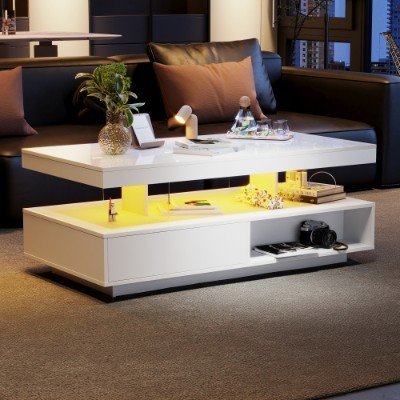 7a6e5000-0489-4e5f-9672-00ff0ccdfc59.jpg UK ONLY - Led Coffee Table With 2 Drawer Storage, High Gloss Coffee Table For Living Room Open Storage Space Centre Table With 16-Color Led Lights,End Table For Home Office Furniture, White