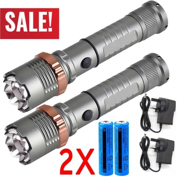 UK ONLY SALE - LED Tactical Flashlight Rechargeable LED Work Light Super Bright Torch Emergency Light Escape Hammer Camping Lamp