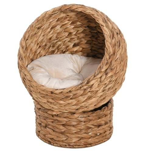 8c25748d-9d8b-4bba-98dc-e2f7d36e8925.jpg UK ONLY - PawHut Wicker Cat Bed, Raised Rattan Cat Basket With Cylindrical Base, Soft Washable Cushion, 50 X 42 X 60 Cm - Brown