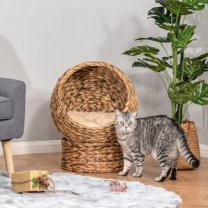8db6b02d-989f-48c2-9cd1-5890b6e9acd6.jpg UK ONLY - PawHut Wicker Cat Bed, Raised Rattan Cat Basket With Cylindrical Base, Soft Washable Cushion, 50 X 42 X 60 Cm - Brown