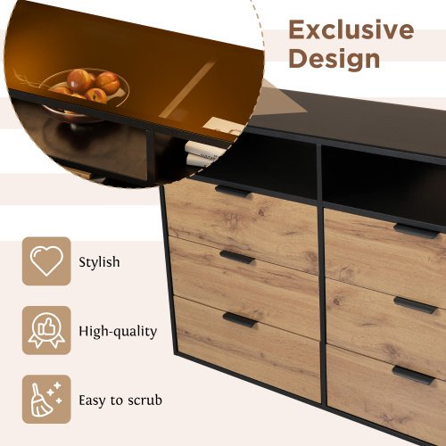 UK ONLY - Sideboard Cabinet Dresser With 6 Drawers And 2 Open Shelves ,Amber Glass Chest Of Drawers, Anti-tip,Dressing Table For Living Room, Bedroom, And Children's Room, 120 X 40 X 80 Cm, Oak
