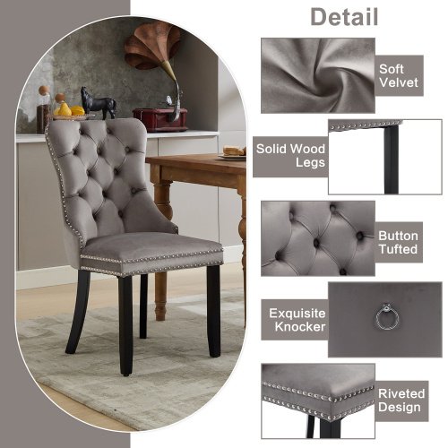 8ecf174c-8e8a-473b-bb59-609ae40a4544.jpg UK ONLY - Modern Set Of 4 Upholstered Velvet Dining Chairs, Button Tufted Kitchen Lounge Chairs With Solid Wood Legs, Riveted Trim And Knocker Ring, For Dining Room Living Room,