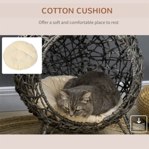 9af1465d-2537-4abe-b1a1-8ff161213e6c.jpg UK ONLY - PawHut Rattan Elevated Cat Bed House Kitten Basket Ball Shaped Pet Furniture W Removable Cushion - Silver-Tone And Grey