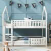 UK ONLY - Bunk Bed, Twin Sleeper Bed With Ladder, Solid Wood Frame 3FT Single Bed, Gaming Bed, Castle-shaped Bed 90 X 190 Cm Children's Bed Room Furniture, Wooden Bed Frame For Kids Children White