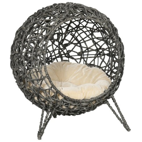 9cbeedb2-eb97-4d72-a641-914ac21a5838.jpg UK ONLY - PawHut Rattan Elevated Cat Bed House Kitten Basket Ball Shaped Pet Furniture W Removable Cushion - Silver-Tone And Grey