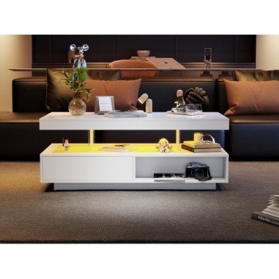 9e22b205-5fea-4d1f-9237-388803625cdd.jpg UK ONLY - Led Coffee Table With 2 Drawer Storage, High Gloss Coffee Table For Living Room Open Storage Space Centre Table With 16-Color Led Lights,End Table For Home Office Furniture, White