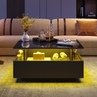 UK ONLY - Coffee Table With Storage For Living Room, Modern LED Coffee Table, Square Tea Table With 2 Sliding Drawers Wood Center Table Acrylic Glass Coffee Table